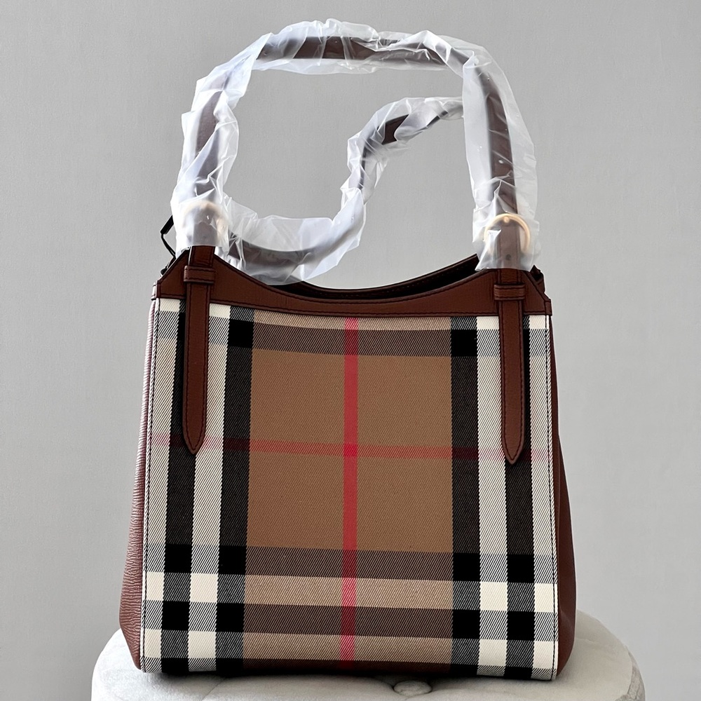 Burberry House Check Derby Leather Tote Bag in Tan - Picture 3 of 12